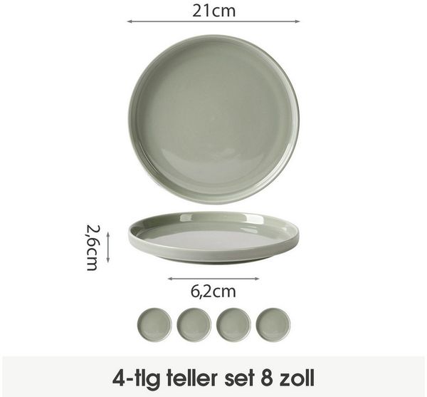 JIWOO Teller 4er Ø21cm,Frühstücksteller Steakteller Pastateller Brotteller Plate, (4 St), Keramik Hochwertiges Tellerset Grau Mikrowellen spülmaschinenfest
