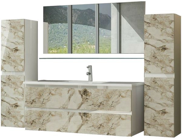 Homeline Badmöbel-Set Diana, (Badmöbel Set 90 cm Weiss Marmor Optik Hochglanz Diana Badezimmermöbel Bad 6 Teilg, 6-St)