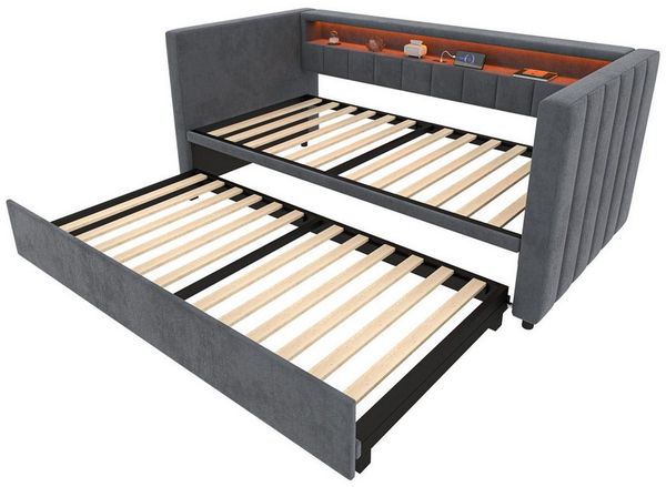 LVHOM Schlafsofa 90x190cm mit ausziehbarem Bett,Samtstoff,schlichtes Streifenmuster, Holzlattenrost mit Metallrahmen,Tragkraft 260 kg,ausgestattet mit einem Staufach, USB-/Type-C-Anschluss, LED-Beleuchtung und platzsparendem Design, geeignet für Wohnzi...