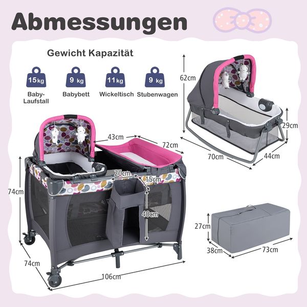 Faltbares Reisebett & Laufstall tragbares Babybett mit Babywiege Wickeltisch Spielbogen Musikbox