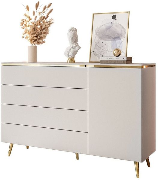 yourhouse24 Kommode AURORA 4S1D Kaschmir/Gold, 4 Schubladen & Tür, 140 cm