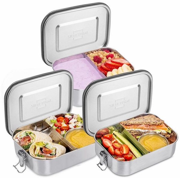 SILBERTHAL Lunchbox Brotdose Edelstahl Set, Edelstahl, Silikon, (3-tlg, 3er Set), Auslaufsicher, Geschmacks- & Geruchsneutral
