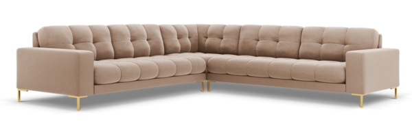 Micadoni Symmetrisches Ecksofa Mamaia 6-Sitzer Samtstoff Bluvel Beige goldene Beine Bild 1
