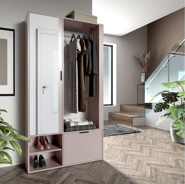 Lomadox Garderobe MINSTER-161, 100 cm breit in beige mit Spiegel, Schuhschrank, Kleiderstange, Klappe