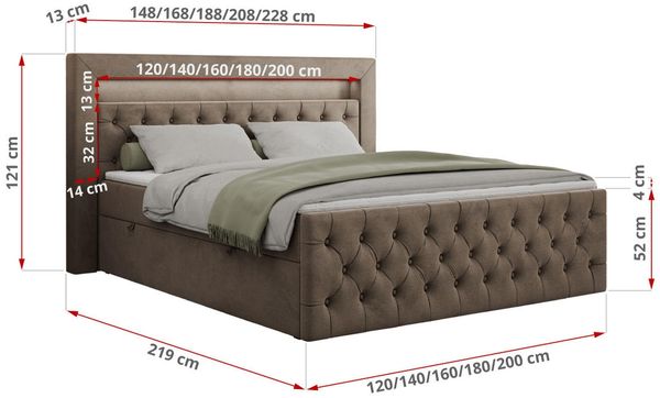Boxspringbett, Stauraumbett mit Bettkasten, LED - GOLD-9 - 120x200cm - Braun Velours - H3 Bild 5