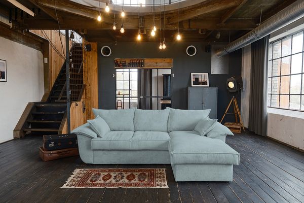 KAWOLA Sofa DAMETO Ecksofa Bettsofa Schlafsofa mit Stauraum Cord hellblau Recamiere rechts 77 x 174 x 266 cm