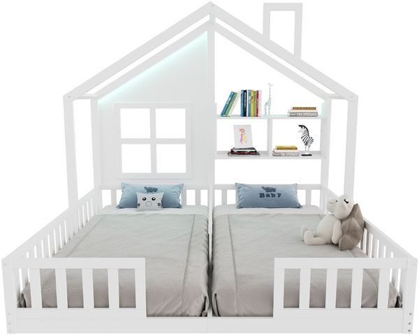 Merax Kinderbett 90 × 200 cm, Freistehendes Doppelbett, Hausdesign Mit Fenstern und Schornstein, Mit LED-Beleuchtung, Sicherheitsgeländer und Ablageflächen, komplett Mit Lattenrost, Weiß Bild 10