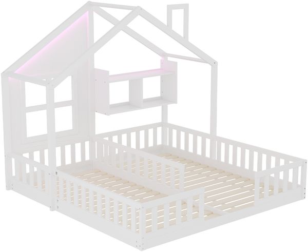 Merax Kinderbett 90 × 200 cm, Freistehendes Doppelbett, Hausdesign Mit Fenstern und Schornstein, Mit LED-Beleuchtung, Sicherheitsgeländer und Ablageflächen, komplett Mit Lattenrost, Weiß Bild 9