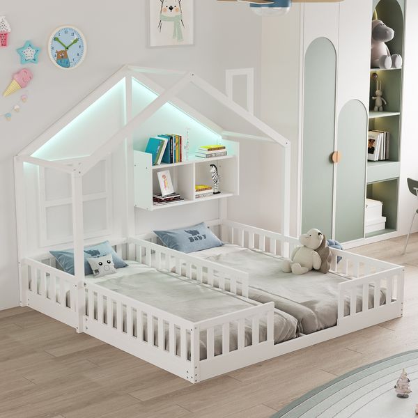 Merax Kinderbett 90 × 200 cm, Freistehendes Doppelbett, Hausdesign Mit Fenstern und Schornstein, Mit LED-Beleuchtung, Sicherheitsgeländer und Ablageflächen, komplett Mit Lattenrost, Weiß