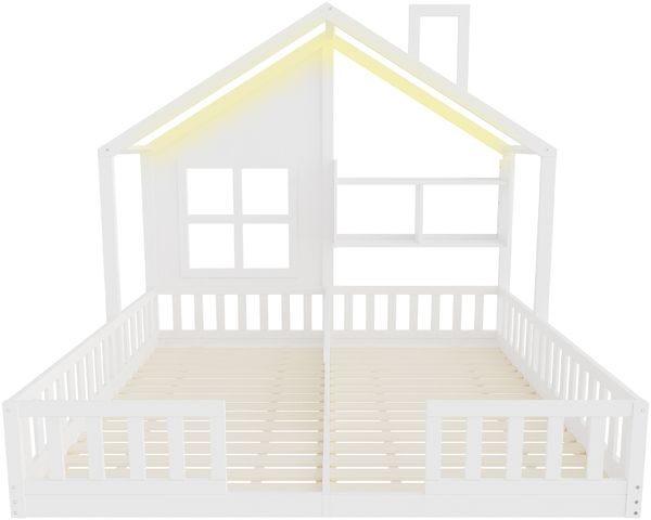 Merax Kinderbett 90 × 200 cm, Freistehendes Doppelbett, Hausdesign Mit Fenstern und Schornstein, Mit LED-Beleuchtung, Sicherheitsgeländer und Ablageflächen, komplett Mit Lattenrost, Weiß Bild 8