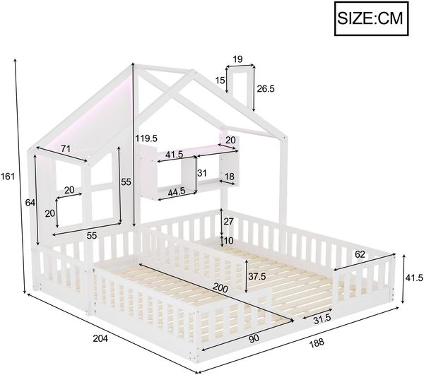 Merax Kinderbett 90 × 200 cm, Freistehendes Doppelbett, Hausdesign Mit Fenstern und Schornstein, Mit LED-Beleuchtung, Sicherheitsgeländer und Ablageflächen, komplett Mit Lattenrost, Weiß Bild 4
