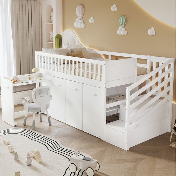 Flieks Hochbett Kinderbett 90x200cm mit herausnehmbarem Schreibtisch Gaderobe Schrank
