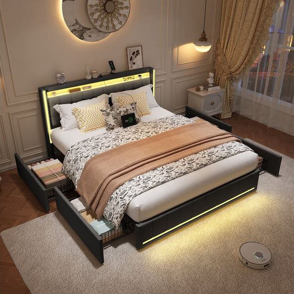 PXloue Polsterbett LED Doppelbett 140x200cm mit Ladefunktion und 4 Schubladen Polsterbett (Geeignet für Jugendliche und Erwachsene), Stauraumbett, mit RGB-LED, Lattenrost und praktischen Schubladen