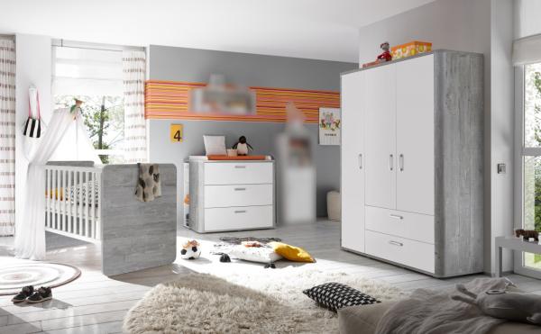 Babyzimmer Frieda in Vintage Wood Grey 6 teiliges mit Kleiderschrank, Kinderbett Babybett mit Lattenrost und Umbauseiten, Wickelkommode und Seitenregal - Kinderzimmer komplett Set von Mäusbacher - MD110465