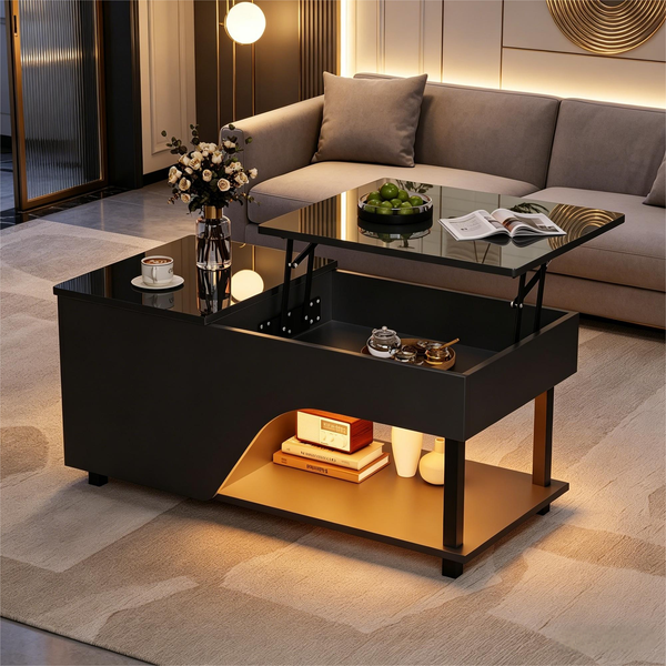 Merax Höhenverstellbarer Wohnzimmer-Couchtisch, Beistelltisch mit verstecktem Stauraum, Durchbrochener kaffetisch, Hochglänzender LED-Sofatisch, Teetisch mit seitlicher Ablage, Schwarz