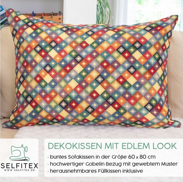 Selfitex Dekokissen XXL 60x80, inkl. Füllkissen, bunter Gobelin-Stoff, Sofakissen aus einer Baumwollmischung, für Bett und Couch.