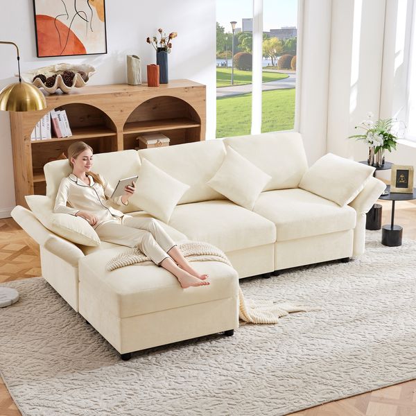 Chenille-Ecksofa mit verstellbaren Armlehnen und Hocker, 3-4 Sitzer, L-förmiges Schlafsofa mit Federkern und Kissen,Beige
