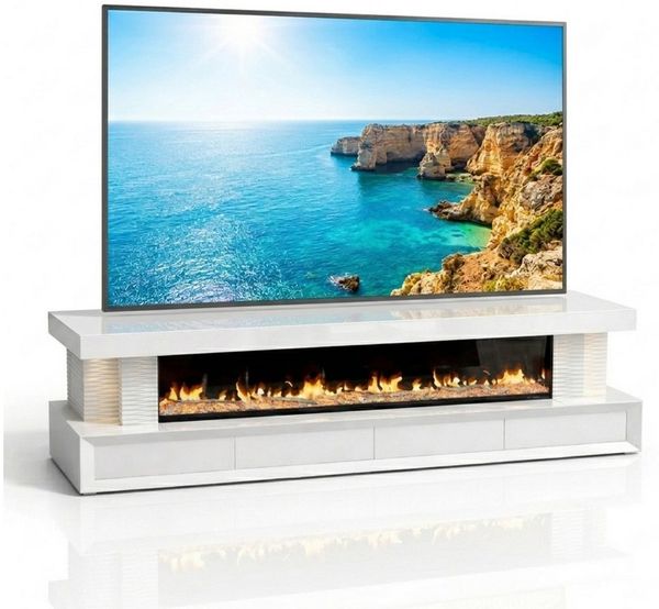 HOOZ TV-Schrank TV Lowboard mit Kamin – modernes Design Weiß eckig 200 cm (Einzelprodukt, 1-St, TV Möbel Einzelmöbel) 3D-Flammenoptik, Push-Open Schubladen, hochglänzende Glasoberfläche