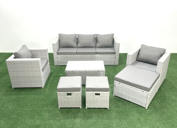 Fimous Polyrattan Sitzgruppe mit Rechteckiger Couchtisch 2 Sesseln 3 Fußhockern Hellgrau gemischt