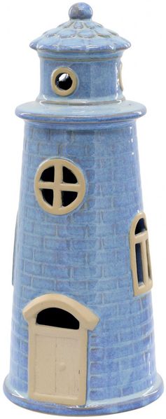 Chic Antique - Windlicht Leuchtturm mit LED Licht Laterne Keramik Blau 39120606