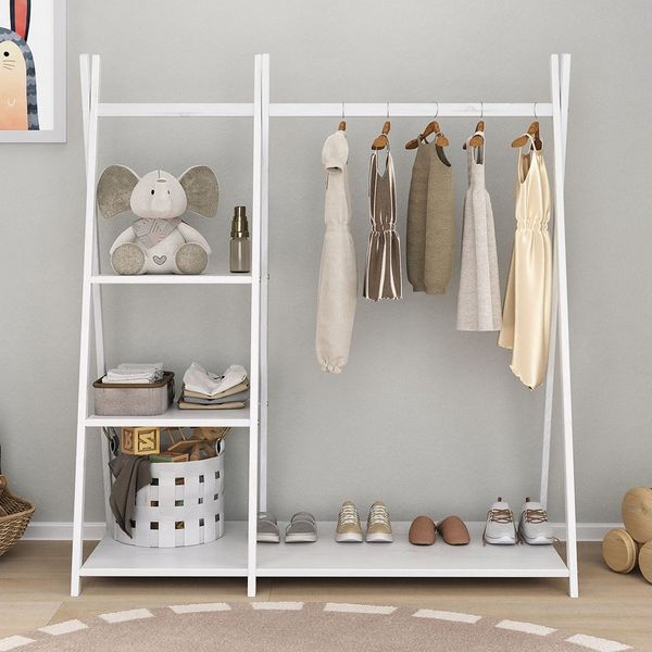 IDIMEX Kinderkleiderschrank LOTTE Kinderzimmer Garderobe mit 4 Ablageböden freistehend Holz weiß