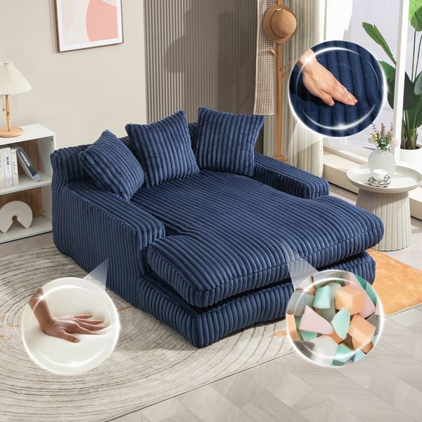 Sofa 125x155x63 cm mit Sitzfläche 125x130 cm, Cord in Marineblau, 3 Kissen, montagefrei