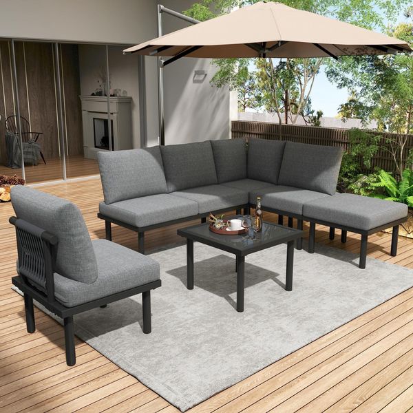 Merax 'Rope Modular' Gartenlounge-Set für 6 Personen, Seilgeflecht & Glas grau