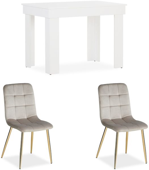 Esstisch mit 2 Stühlen Set Essgruppe Samt Polsterstühle Creme Küchentisch Modern Holz Natur 80x80 cm Esszimmertisch Massiv