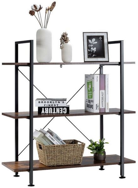 COSTWAY Bücherregal, 3 Ebenen, Holz, mit Metallrahmen, stehend, 90x36x99cm