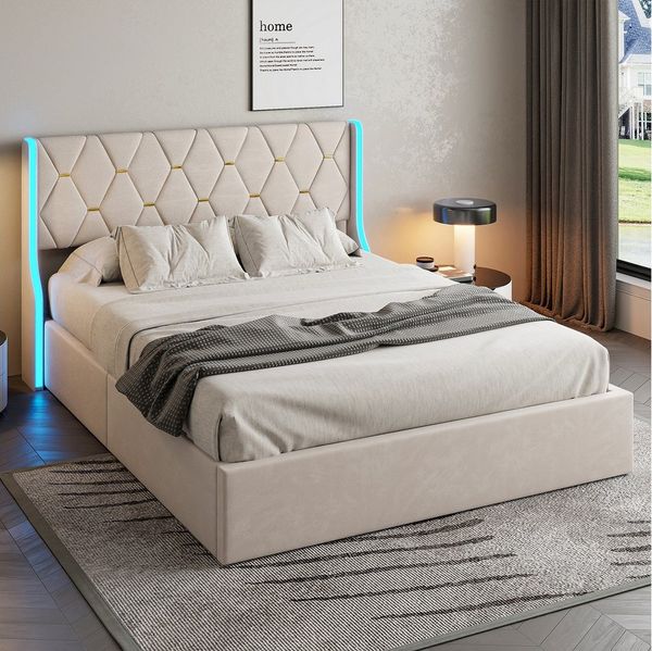 PXloue Polsterbett Doppelbett Stauraumbett mit bettkasten (Hydraulisch anhebbarer Stauraum), mit Lattenrost und Stauraum, LED-Beleuchtung, 140x200 cm