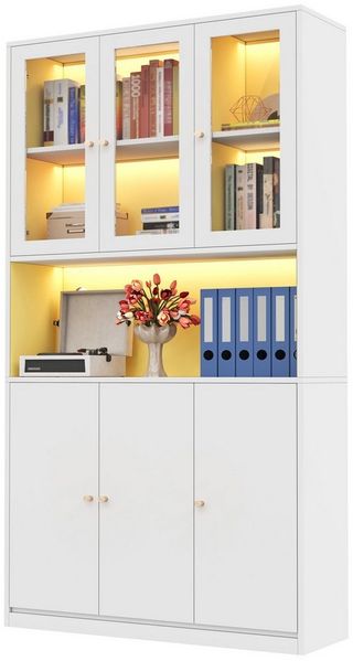 REDOM Vitrine Hoher Schrank 100 x 200 x 35 cm mit Vitrine, Weiß (Packung, 1-St, LED-Beleuchtung, 3 Türen, offenes Fach) Ideal als Bücher- oder Aktenschrank nutzbar