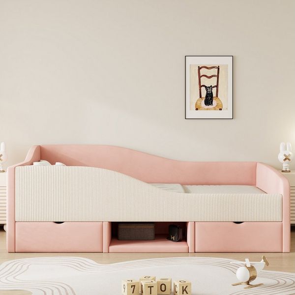 Merax Daybett (Schlafsofa Sofabett Jugendbett Einzelbett, 1 tlg), Polsterbett 90x190cm mit 2 Schubladen & Schutzgeländer,Kinderbett Samt