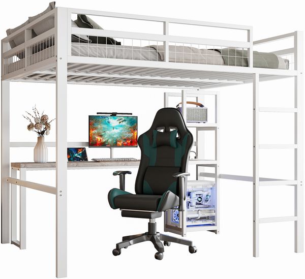 Merax Hochbett, kinderbett 140 x 200cm, mit Eisenrahmen, mehrere Einlegeböden, Schreibtisch mit Steckdose, mit usb type-c ohne Matratze, weiß Bild 10