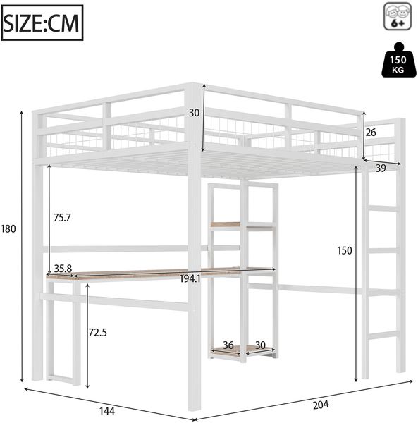 Merax Hochbett, kinderbett 140 x 200cm, mit Eisenrahmen, mehrere Einlegeböden, Schreibtisch mit Steckdose, mit usb type-c ohne Matratze, weiß Bild 4