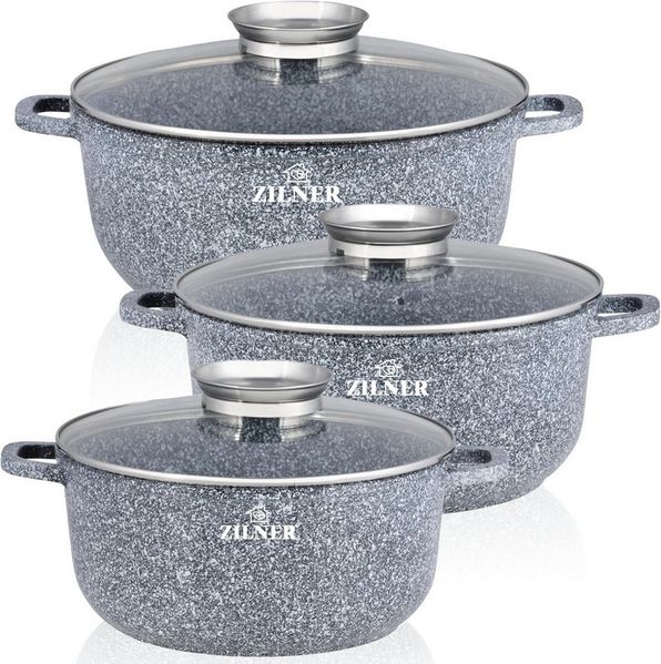 Zilner Topf-Set Schöne graue Steintöpfe in 3 verschiedenen Größen, Aluminiumguss, Aluminium, Keramik, Edelstahl (Passt in jede Küche! 2.3L-20cm / 4.5L-24cm / 6.8L - 28cm, 6-tlg, Es ist eine perfekte Geschenkidee für jeden Anlass), Innovative Aroma Knob...