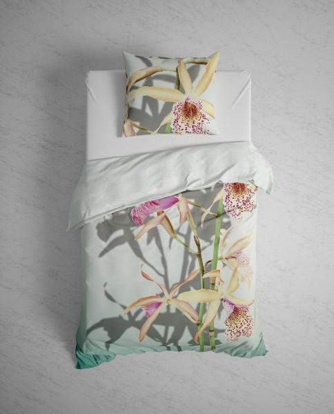 Heckett & Lane Mako-Satin Eco Bettwäsche 135x200 Isla Orchidee Blumen gelb mint