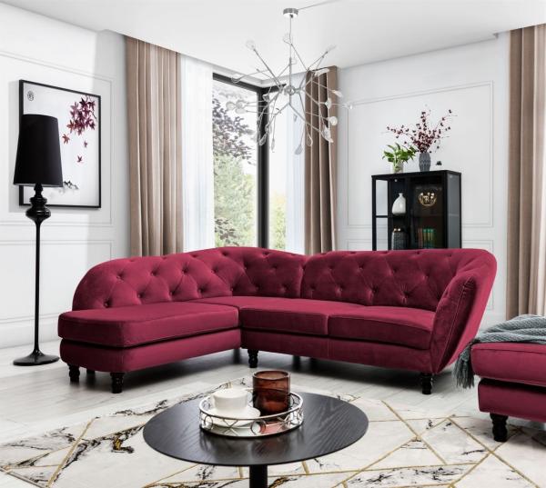 Ecksofa Designersofa CHARLOTTE in Stoff Matt Velvet Bordeaux Ottomane Links