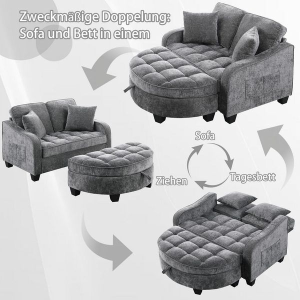 MODFU Schlafsofa Nachhaltiger Hocker in Eukalyptus, 132x129x93 cm, Set 1 Teile, Mit integriertem Staufach – die praktische 2‑in‑1 Lösung