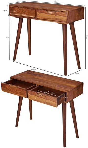 Konsolentisch WL5.577 90 x 76 x 36 cm Sheesham Massivholz mit Schubladen, Design Holz Anrichte Konsole Massiv, Kleiner Landhaus Schreibtisch Flurtisch, Schminktisch Ablagetisch Natur Bild 4