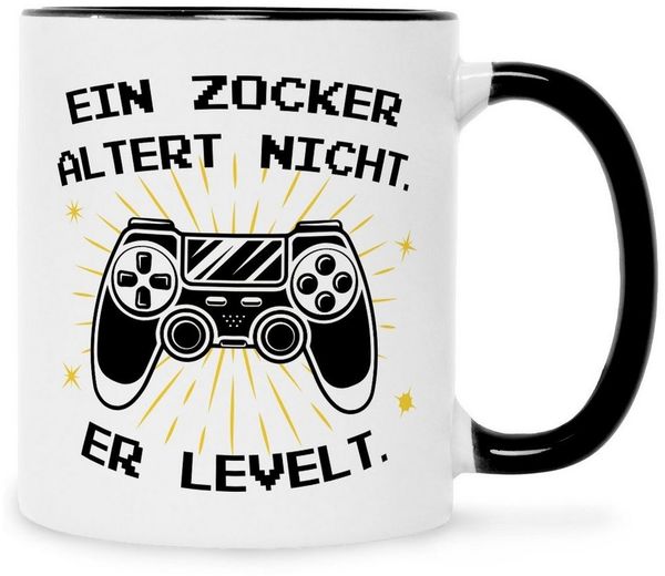 GRAVURZEILE Tasse mit Spruch - Ein Zocker altert nicht er levelt, Keramik, Farbe: Schwarz & Weiß