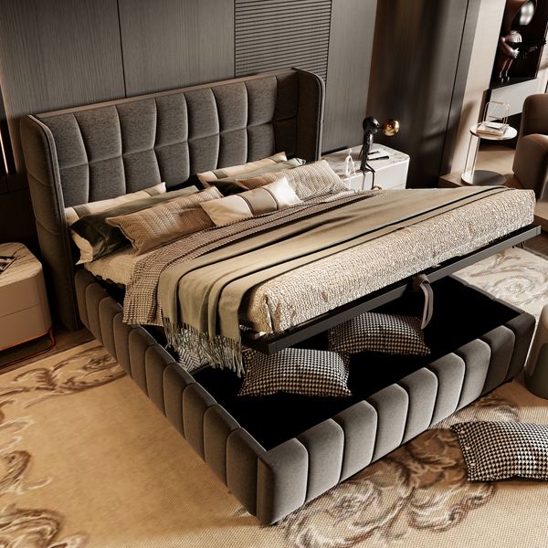 Polsterbett 180x200 cm, Doppelbett mit Lattenrost, Rückenlehne,Bett mit Pneumatischem Stauraumsystem,Bettwäschegestelle aus Leinen eignen sich für Erwachsene und Jugendliche ,Grau