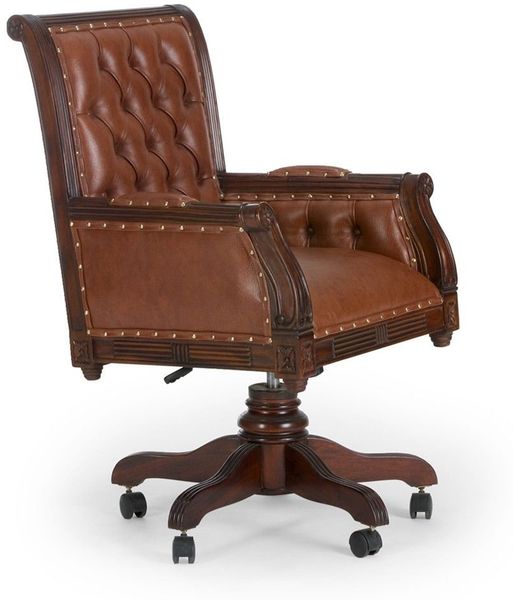 Bürosessel Cambridge Echtleder Braun Chesterfield-Stil höhenverstellbar Drehstuhl Chefsessel mit Armlehnen Massivholz Schreibtischstuhl
