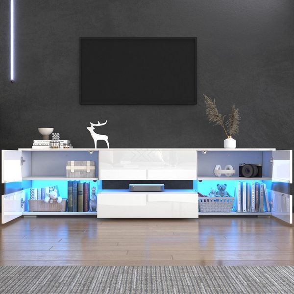 Merax Lowboard Hochglanz mit LED-Beleuchtung & Push-to-Open (für Fernseher bis 70 Zoll, 1 St), TV-Schrank mit 2 Türen, 1 Schublade & Acrylglaseinsatz, 160x39x45cm