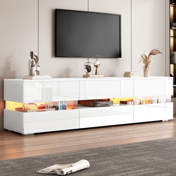 Merax Lowboard Hochglanz mit LED-Beleuchtung & Push-to-Open (für Fernseher bis 70 Zoll, 1 St), TV-Schrank mit 2 Türen, 1 Schublade & Acrylglaseinsatz, 160x39x45cm