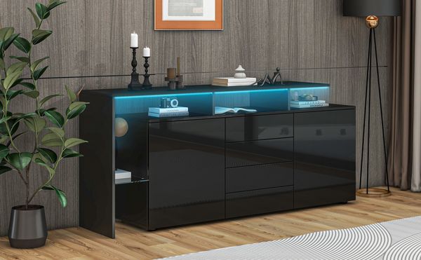 Sideboard Kommode aus Spanplatte mit LED-Beleuchtung, 4 Schubladen & 2 Push-to-Open-Türen, 160x35x70 cm, Schwarz