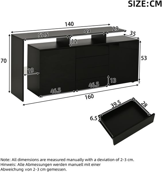 Sideboard Kommode aus Spanplatte mit LED-Beleuchtung, 4 Schubladen & 2 Push-to-Open-Türen, 160x35x70 cm, Schwarz Bild 10