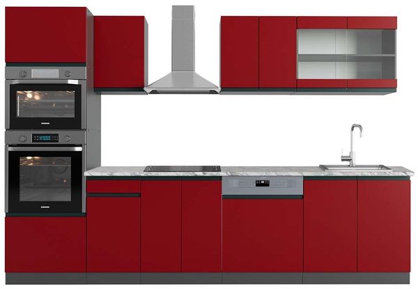 Küchenzeile R-Line Rot/Anthrazit 300 cm J-Shape mit Hochschrank, AP Marmor Vicco