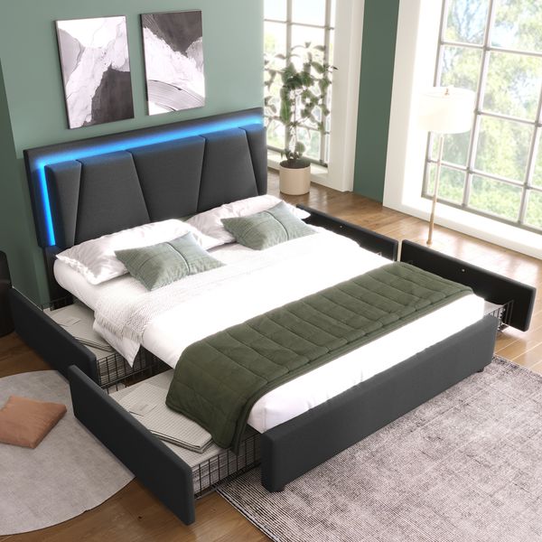 Polsterbett 140×200 cm aus Holz mit LED-Beleuchtung und vier Schubladen, grau