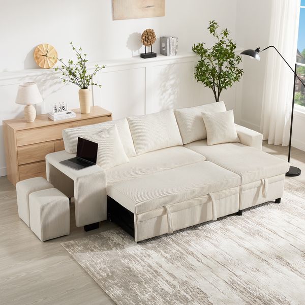 Klappsofa mit Schlaffunktion, L-förmiges umbaubares Ecksofa mit USB-Ladeanschluss und Kissen, 3-Sitzer-Umbausofa mit Seitenablagen und Stauraum, Beige