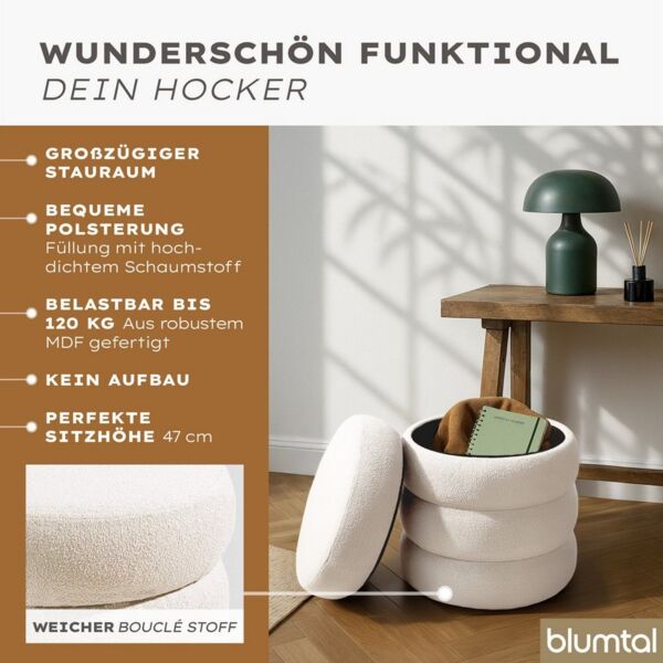 Blumtal Sitzhocker Hocker mit Stauraum mit Bouclé oder Velvet-Bezug, robuste Sitztruhe mit Stauraum und extrem Dickes MDF